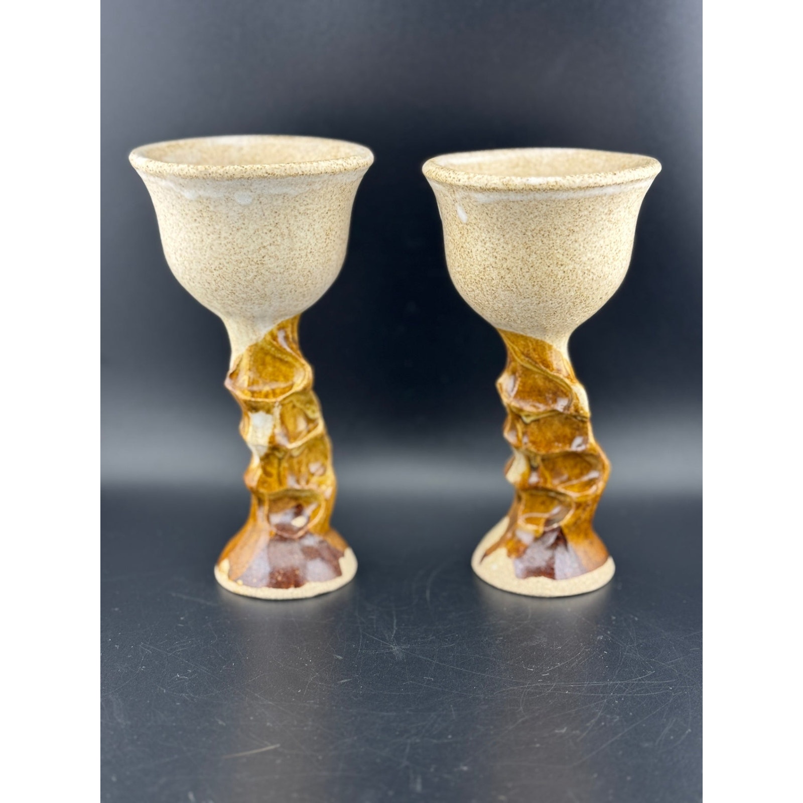 Pair of Handmade Glazed Pottery Wine Goblets