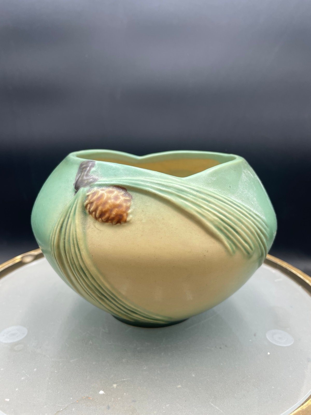 Roseville Pottery Pine Cone Bowl 441-4 c1935 Green/Yellow VG