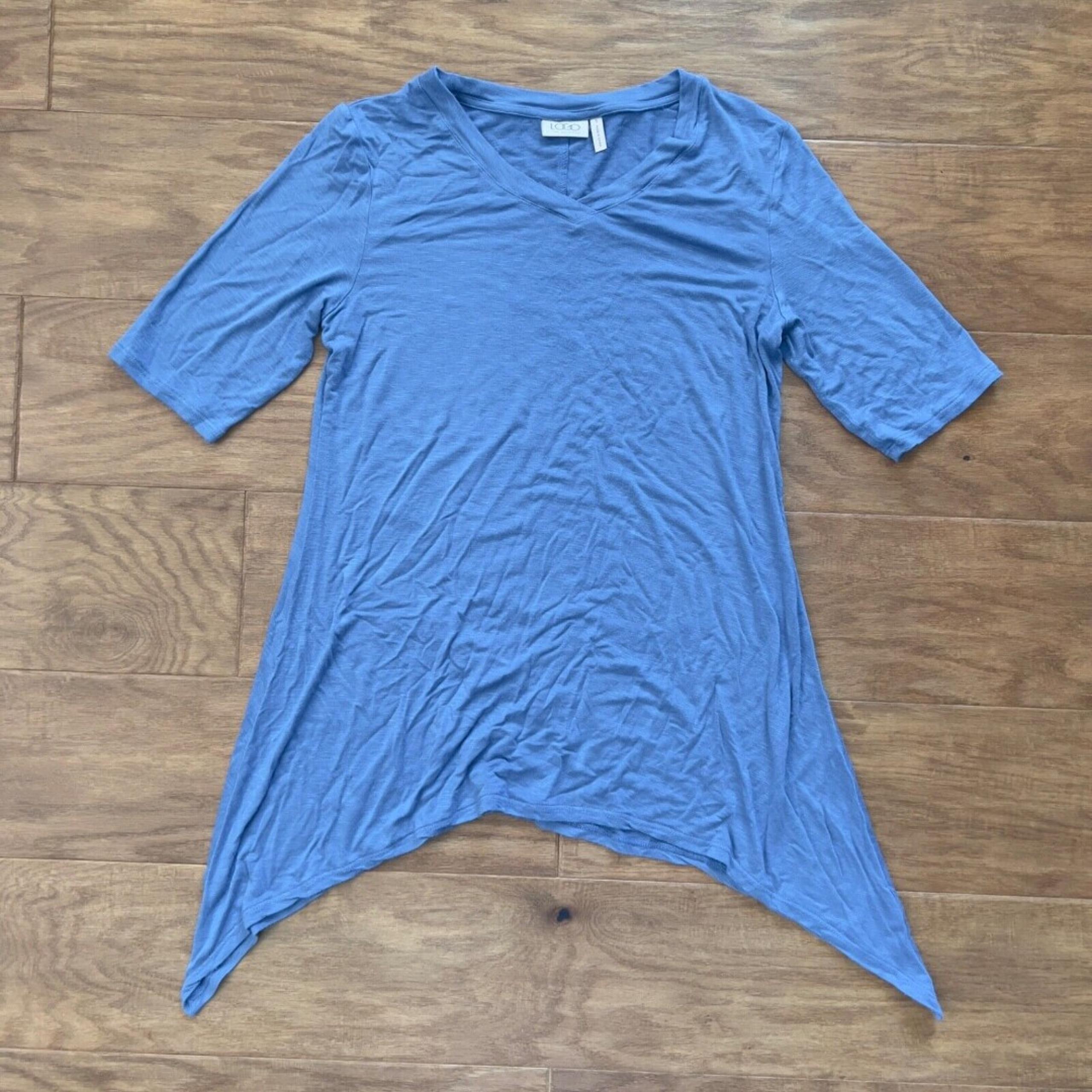 LOGO Lori Goldstein Top Tee T-Shirt Size S Asymmetric Hem V-Neck Seascape Blue