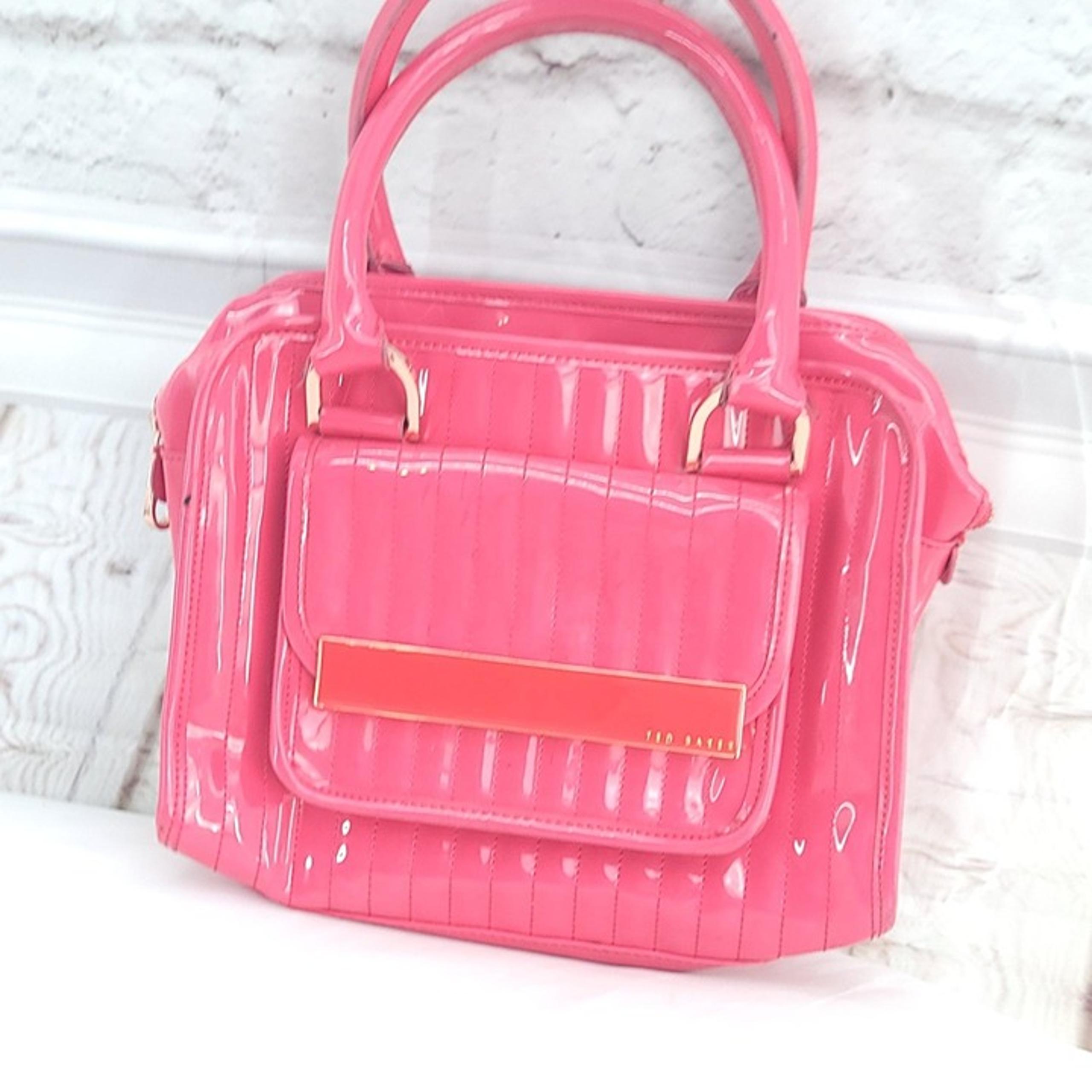Ted Baker Womens Pink Patent Leather Double Handles Classic Satchel Handbag