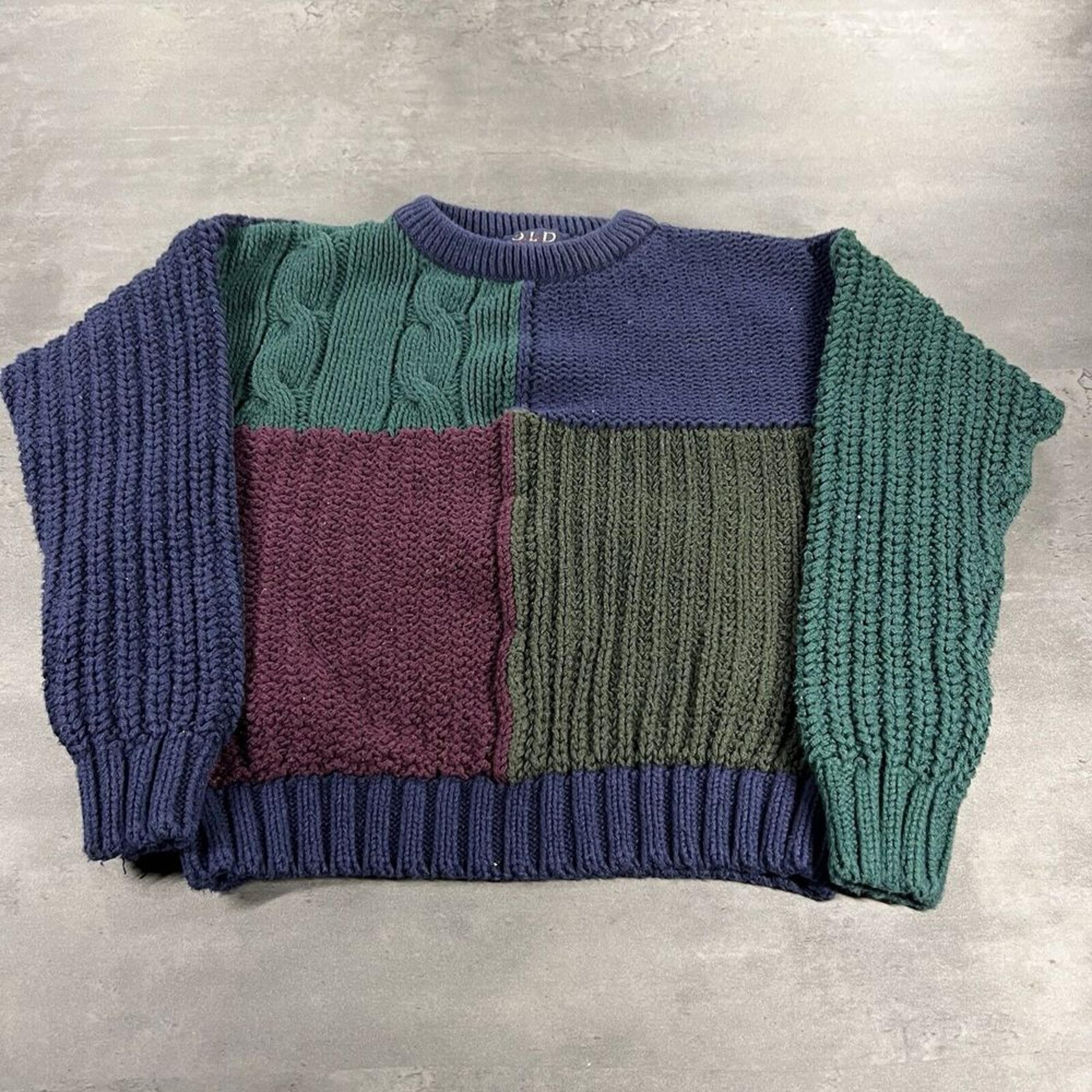Chunky Knit Sweater Youth Kid 7 USA Made Colorblock 100% Cotton Long Sleeve