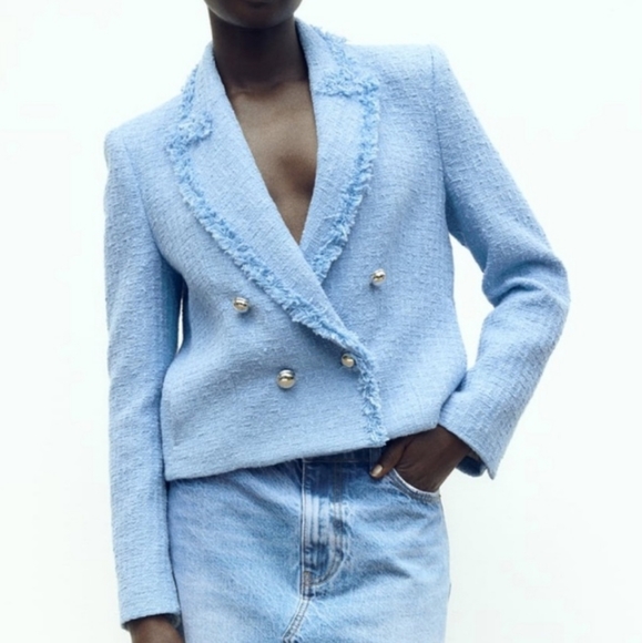 Zara Textured Weave Tweed Frayed Double Breasted Blazer Light Blue size M
