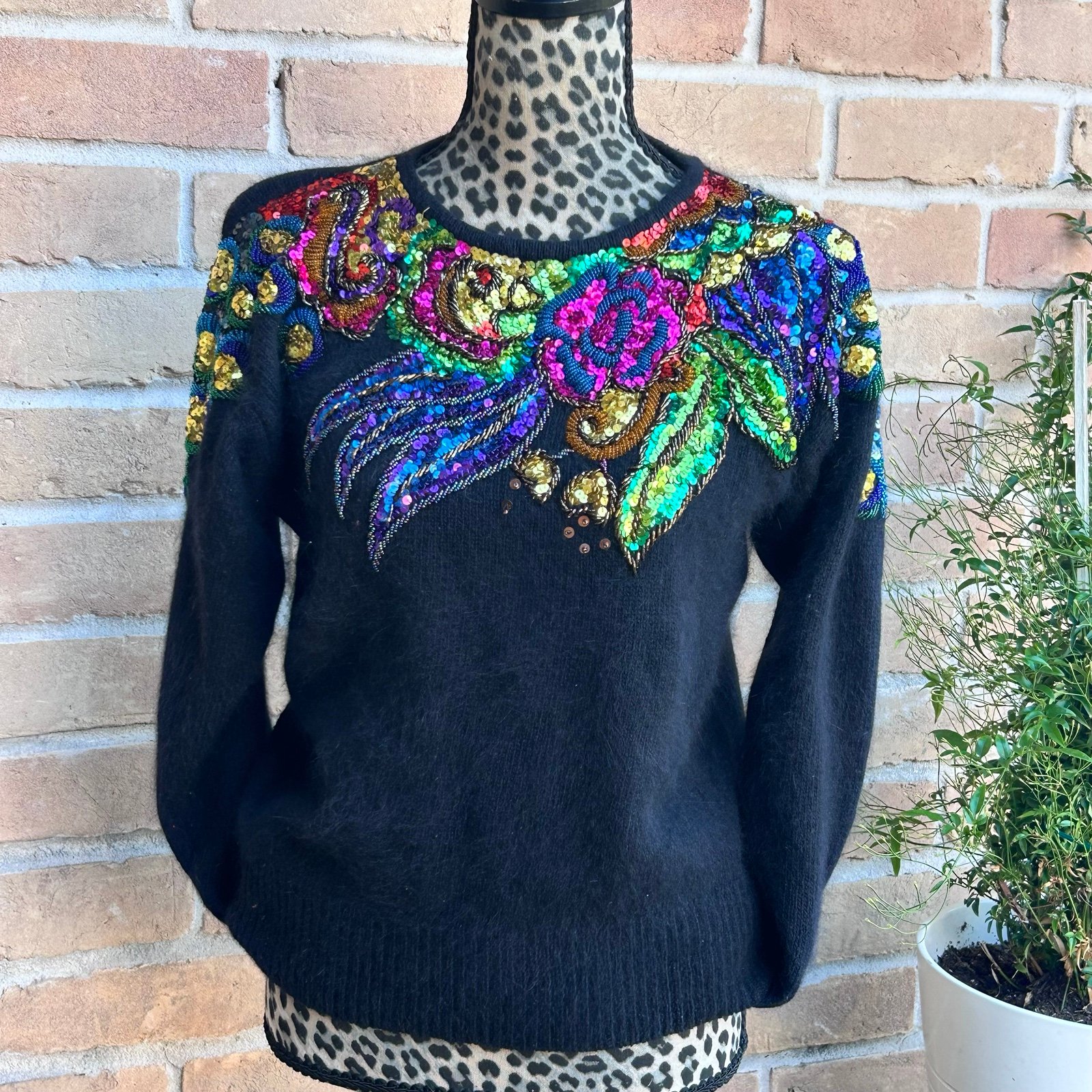 I.B. Diffusion Vintage Black Multi Colored Sequins Silk Angora Wool Sweater S