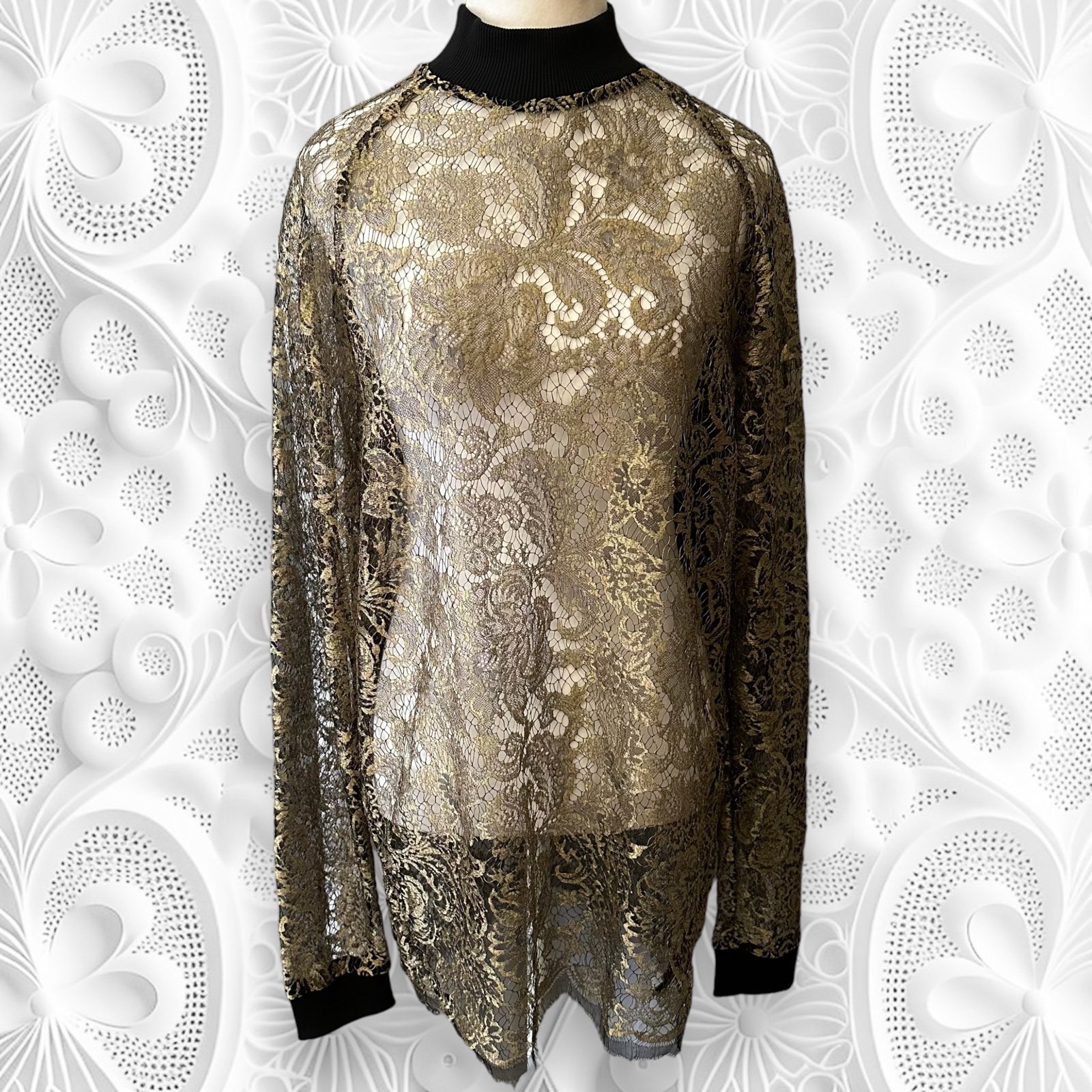 Luxury Brand Astrid Anderson Lace Pattern Mock Neck Blouse Size Medium
