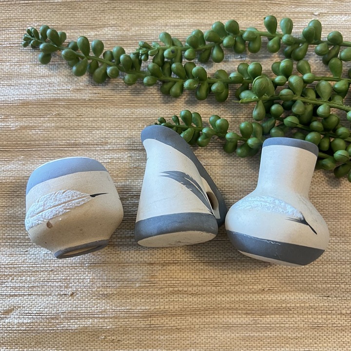 3 Miniature Grey Feather Desert Pueblo Stoneware Art Pottery Vases 2 Plus