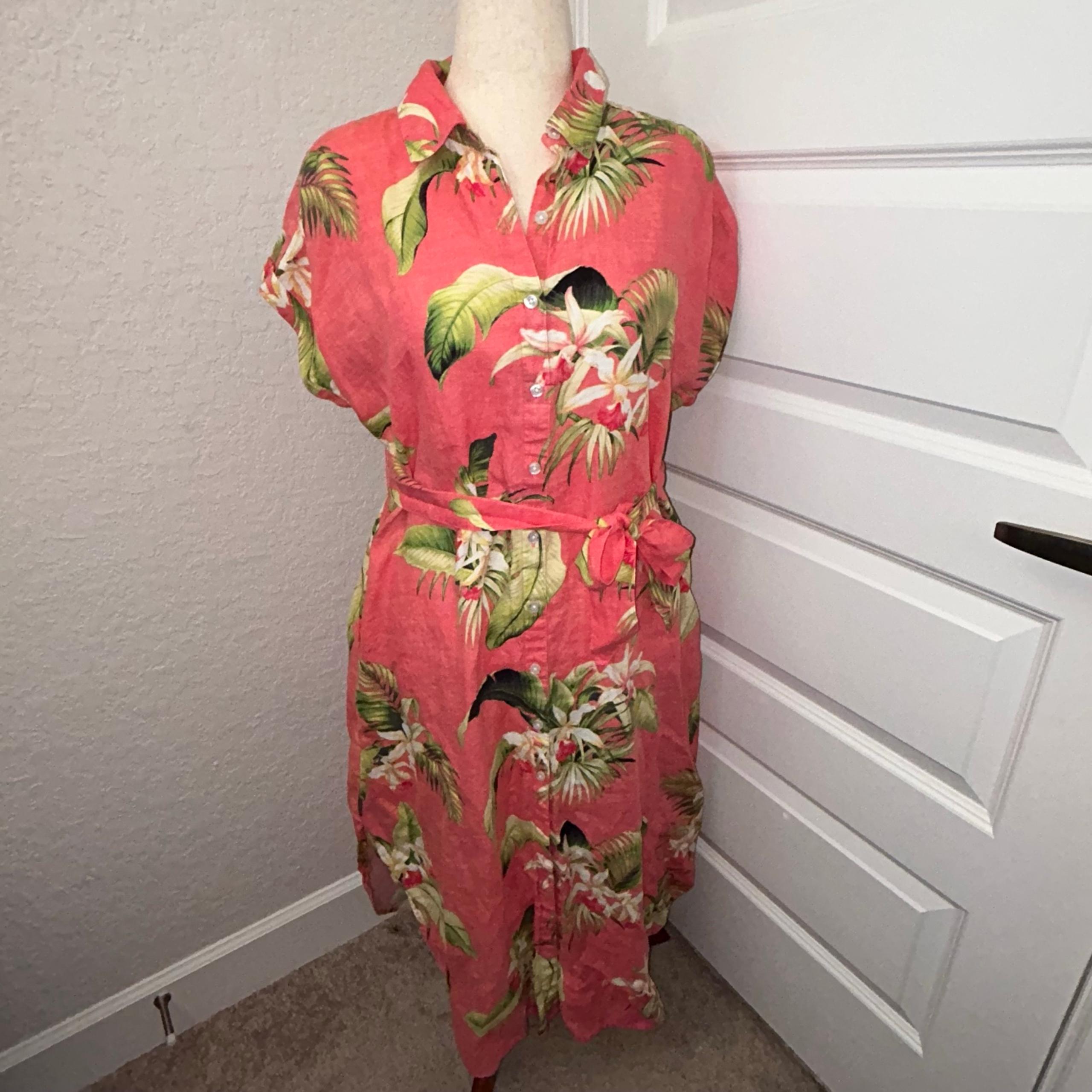 Tommy Bahama Tropical Floral Print Button Down Belted Linen Midi Dress
