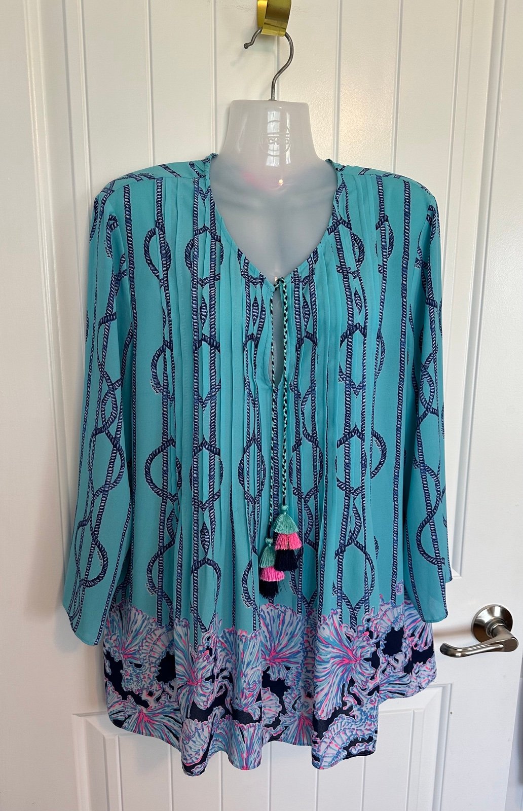 Lilly Pulitzer Marilina Tunic Top Light Aqua A Frayed Knot Engine Size XL