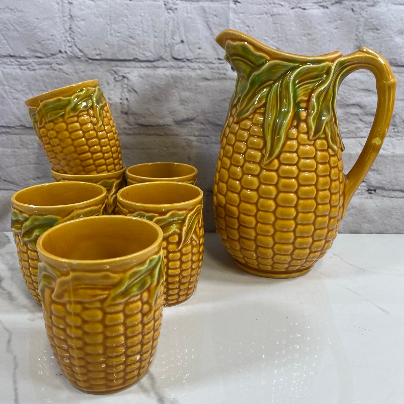 Vintage Norleans Japan Ceramic Corn Pitcher Set with 6 Cups Majolica Style Glaze