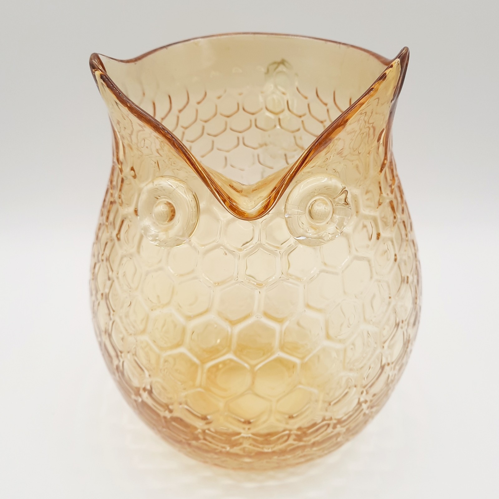 Art Glass Owl Honeycomb Pitcher Gold Light Amber w/Clear Glass Applied Handle