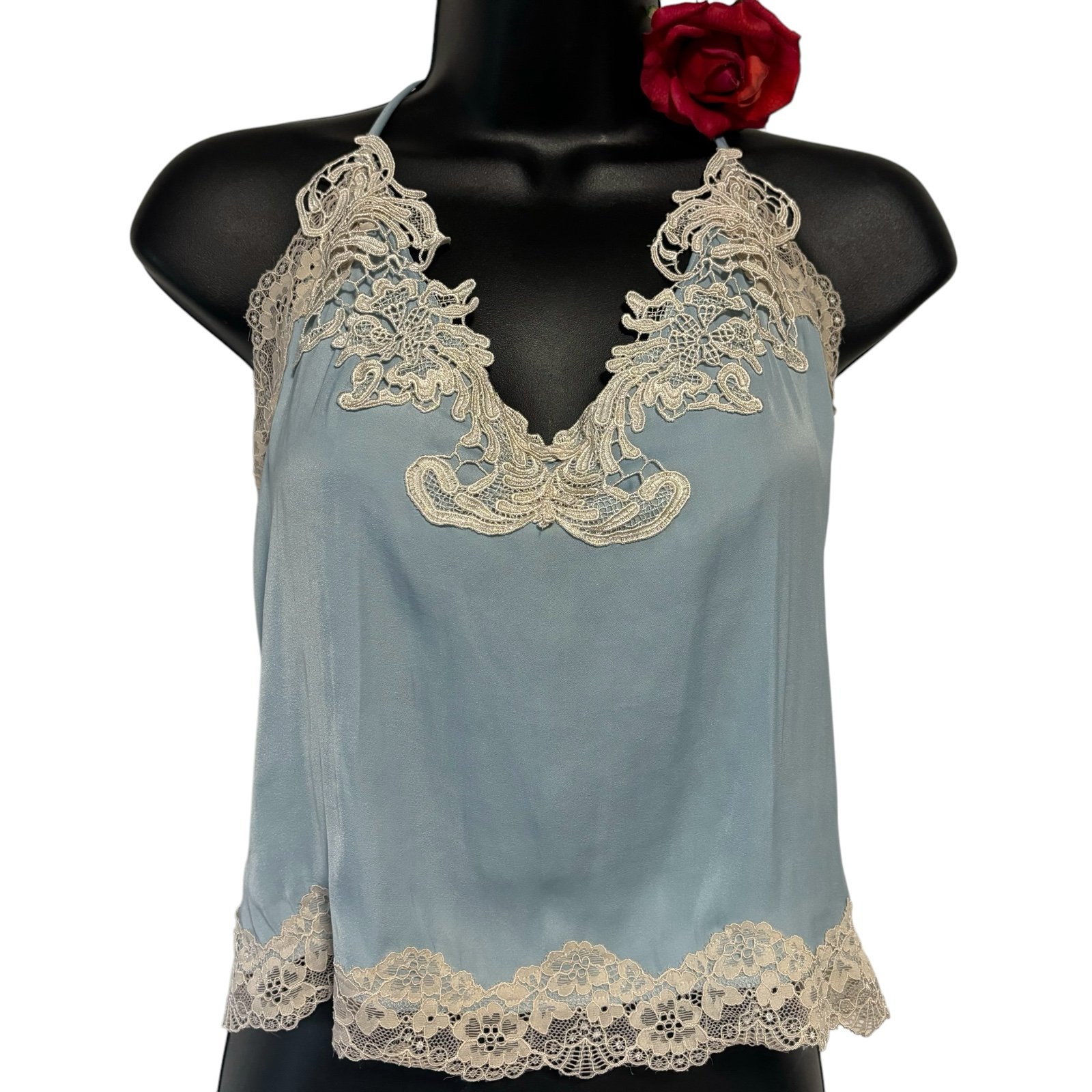 In Bloom Fairycore Cami Top PJ blue Cream lace embellished LG Whimsical EUC