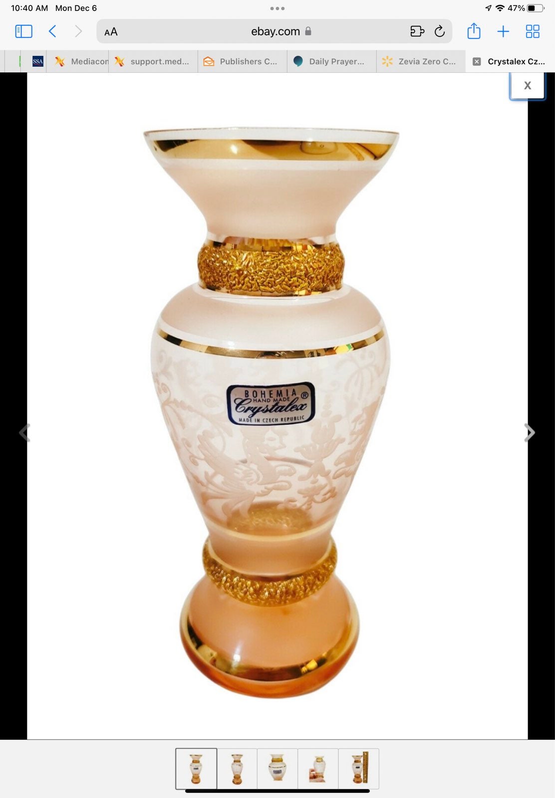 Vintage Crystalex Czech Double Dragon Etched Bohemia Gold Gilt Pink Vase 6 H