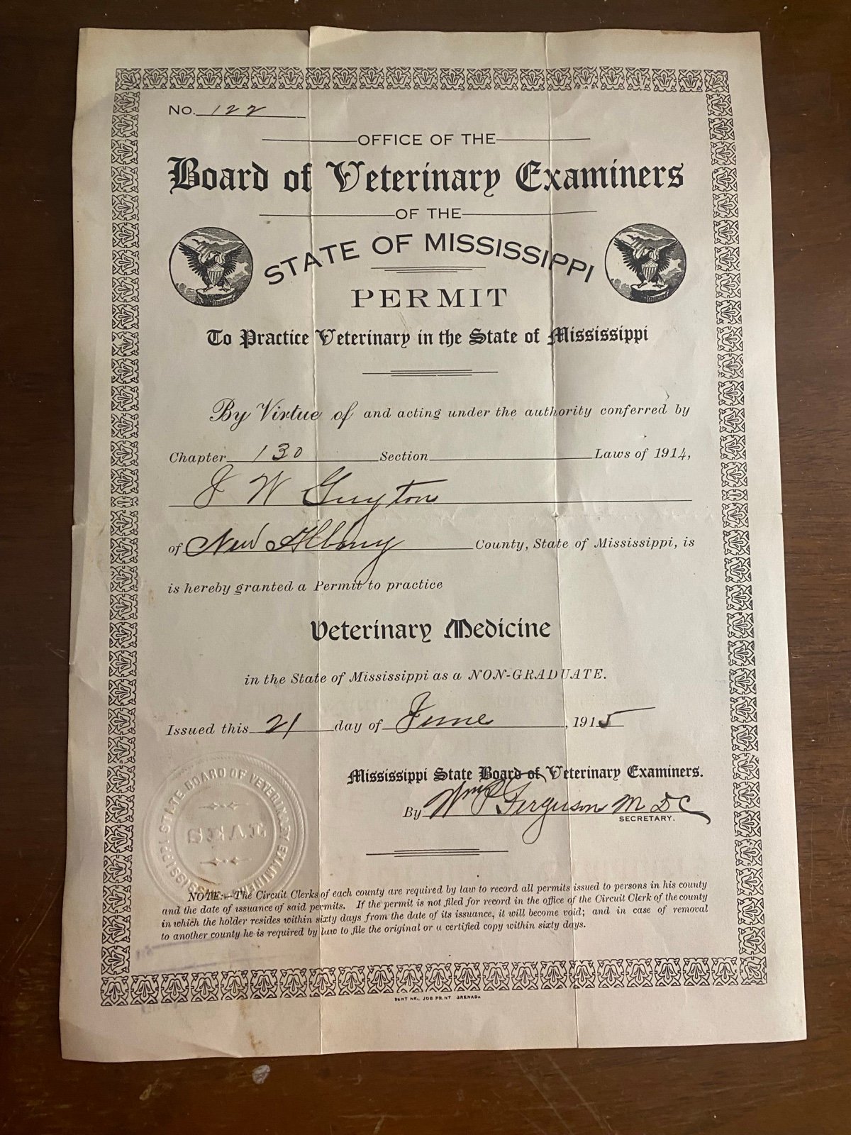 Vintage 1915 Veterinary Certificate with Seal