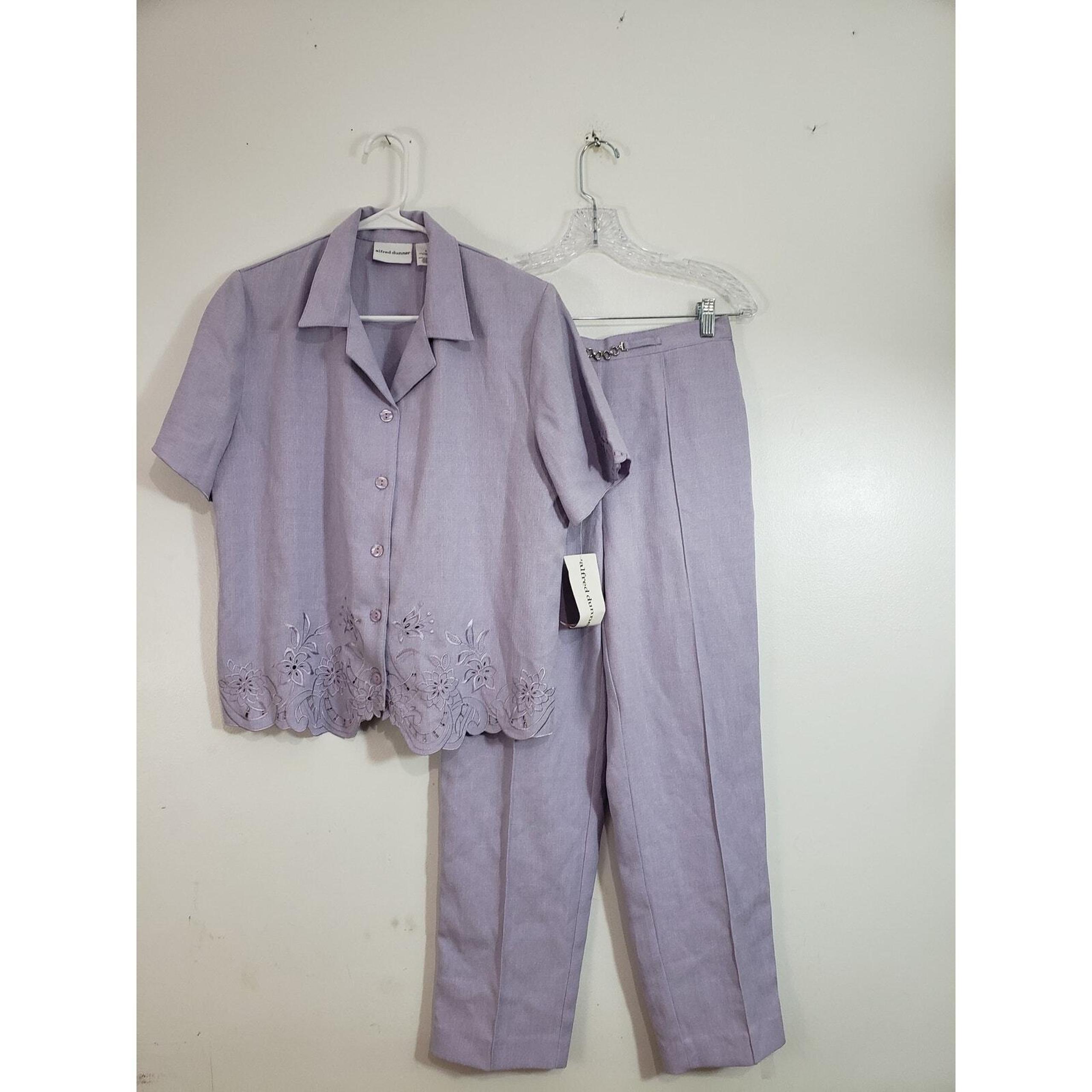(S) Alfred Dunner Women's Pants Suit size 8 Elastic waist floral embroidery