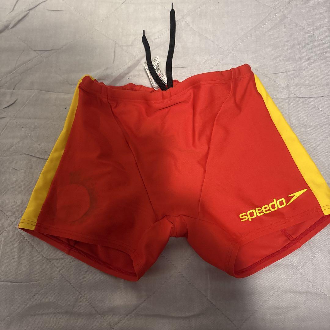 Speedo racing swimsuit red and yellow box swimsuit and cap set.