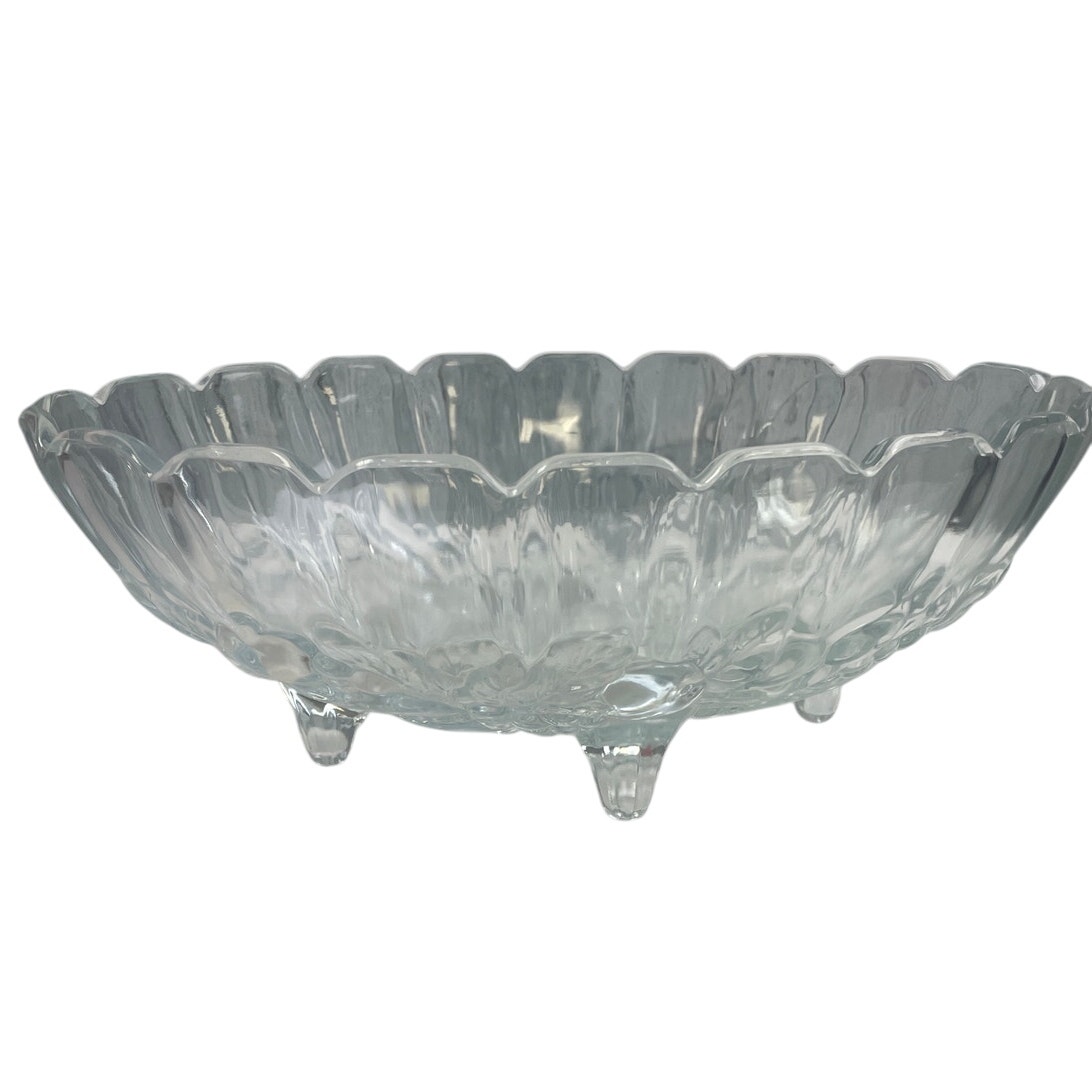 Vintage Oval Footed Cut Glass Scalloped Edge Floral Leaf Serving Bowl Dish
