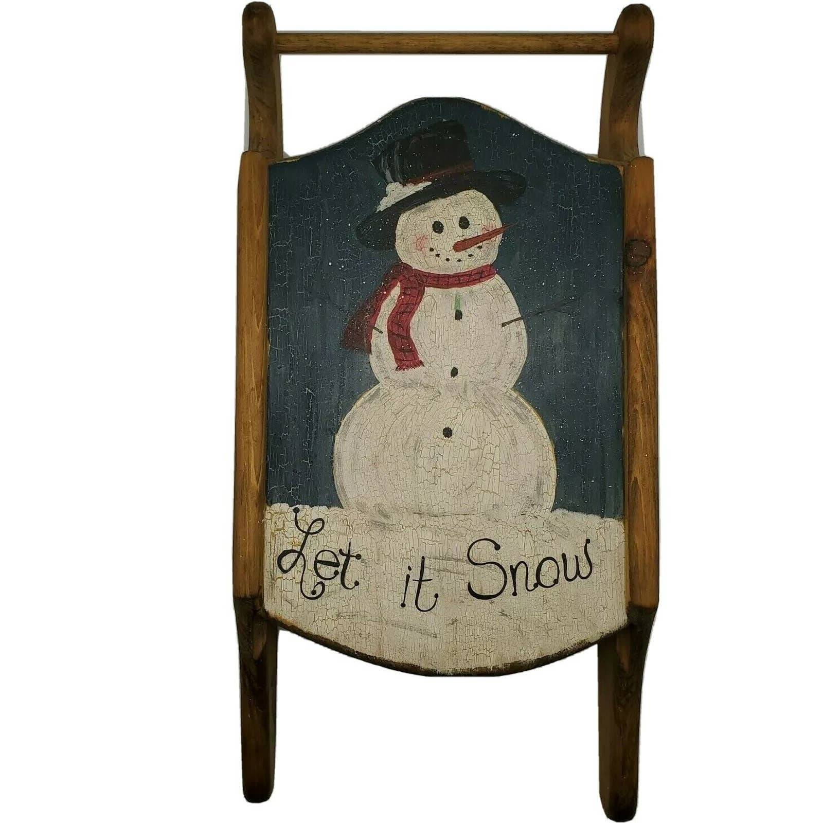 Vintage Folk Art Snowman Sleigh Sled Handmade Wooden Rustic Christmas Wall Decor