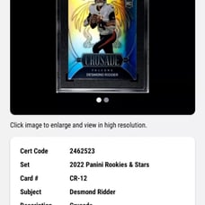 2022 Rookies & Stars #CR-12 Desmond Ridder RC Crusade Silver Prizm Insert SGC 10