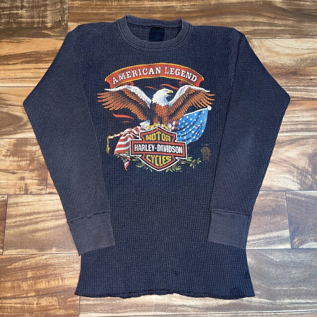 Vintage Harley Davidson 3D Emblem 80s American Legend Eagle Thermal Shirt Small