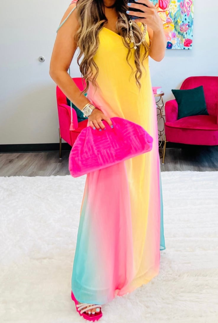 Main Strip Ombre Maxi Dress with Adjustable Tassel Straps