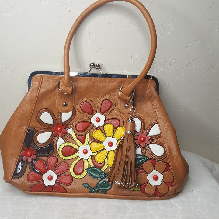 Expressions NYC Large Brown Faux Leather Appliqued Flowers Tassel Snap Closure