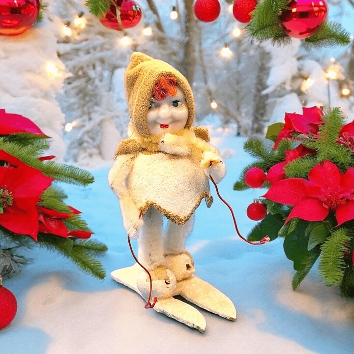 Putz Red Hair Girl Skiing Elf Ornament Chenille Felt 1950s Composite Face Skis P