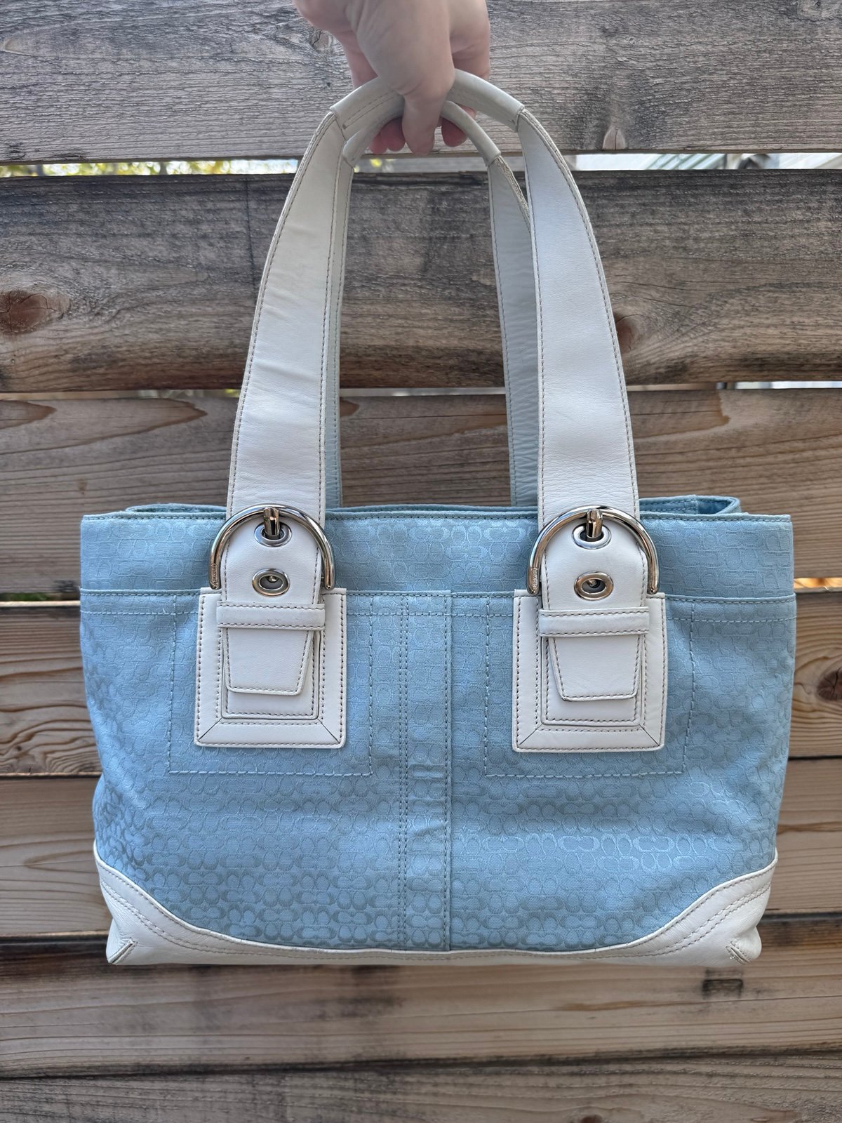 Coach SoHo Canvas and Leather Sky Blue Signature C tote F10928