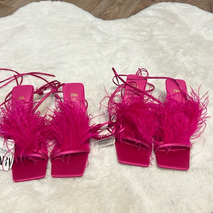ZARA Bright Fuchsia Pink Feather High Heel Sandals