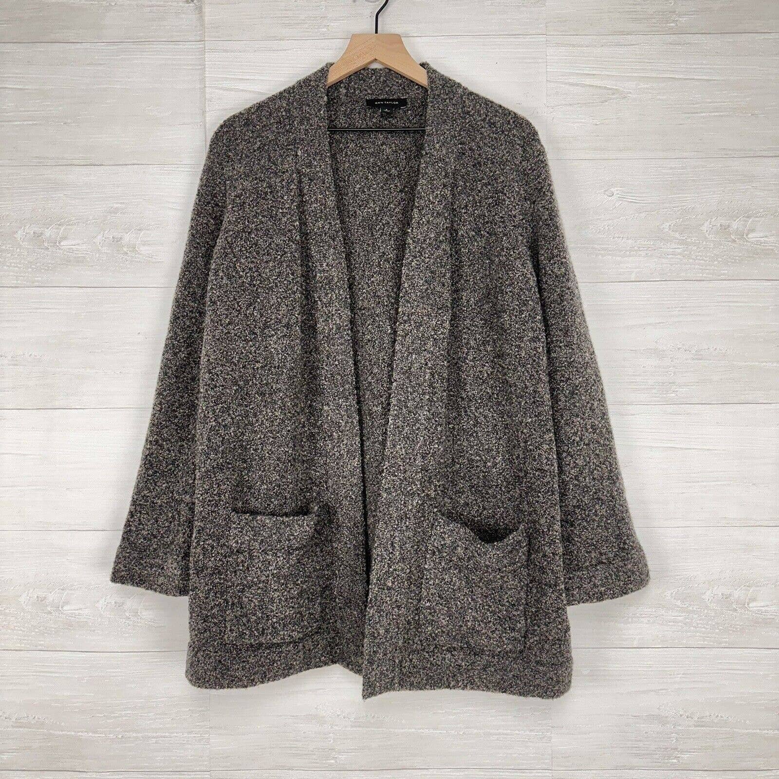 Ann Taylor Wool Yak Blend Boucle Cardigan Sweater Medium Gray Open Front Chunky