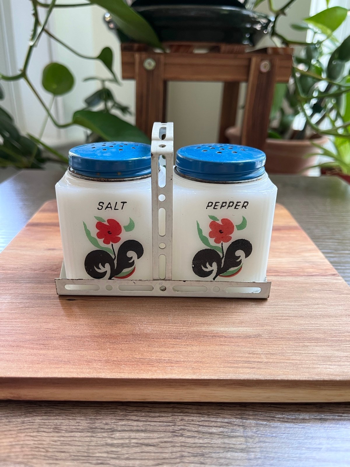 Black & Red Flower Milk Glass Salt & Pepper