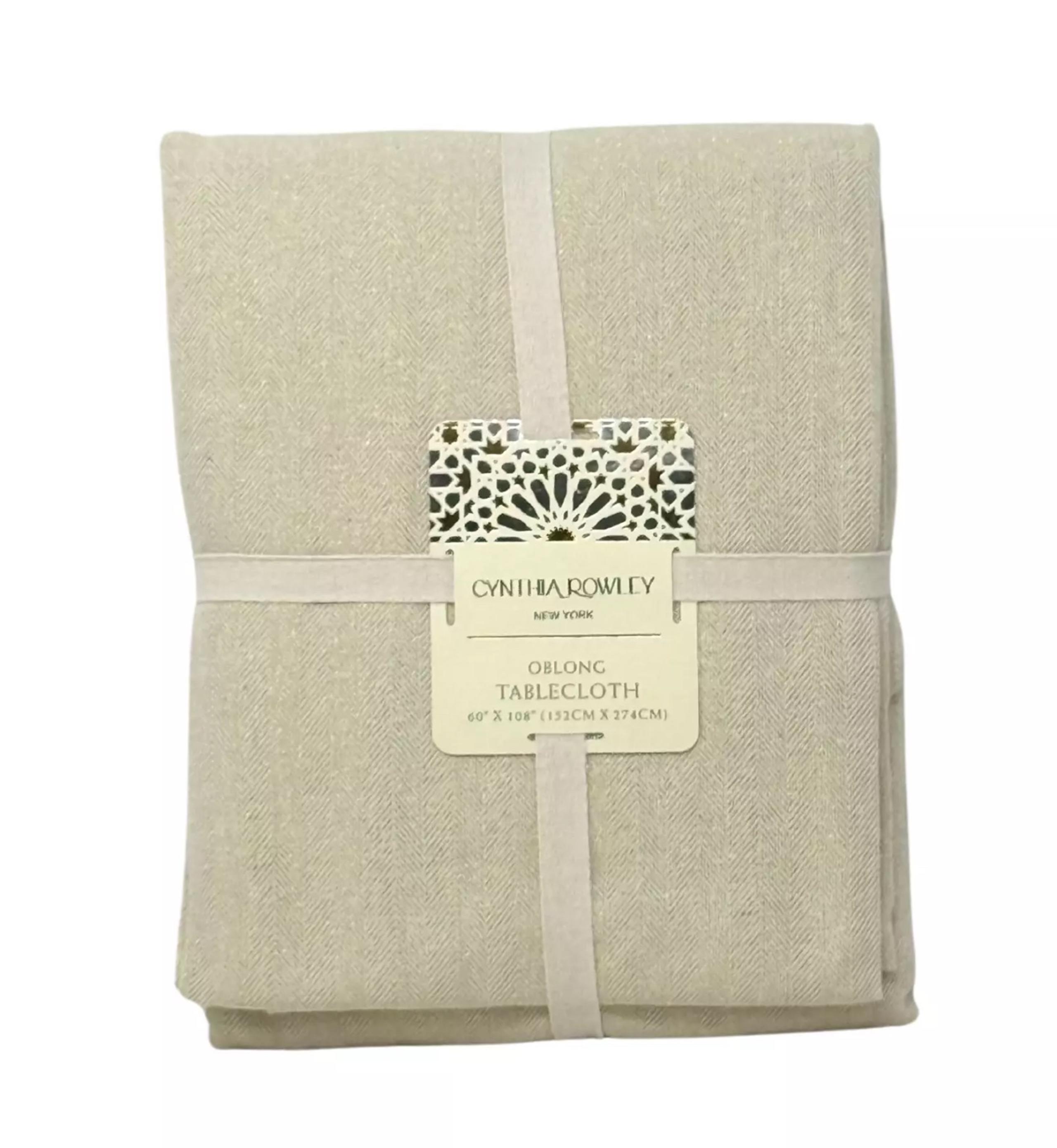 CYNTHIA ROWLEY 60 x 108" Holiday Natural & Gold Cotton Blend Designer Tablecloth