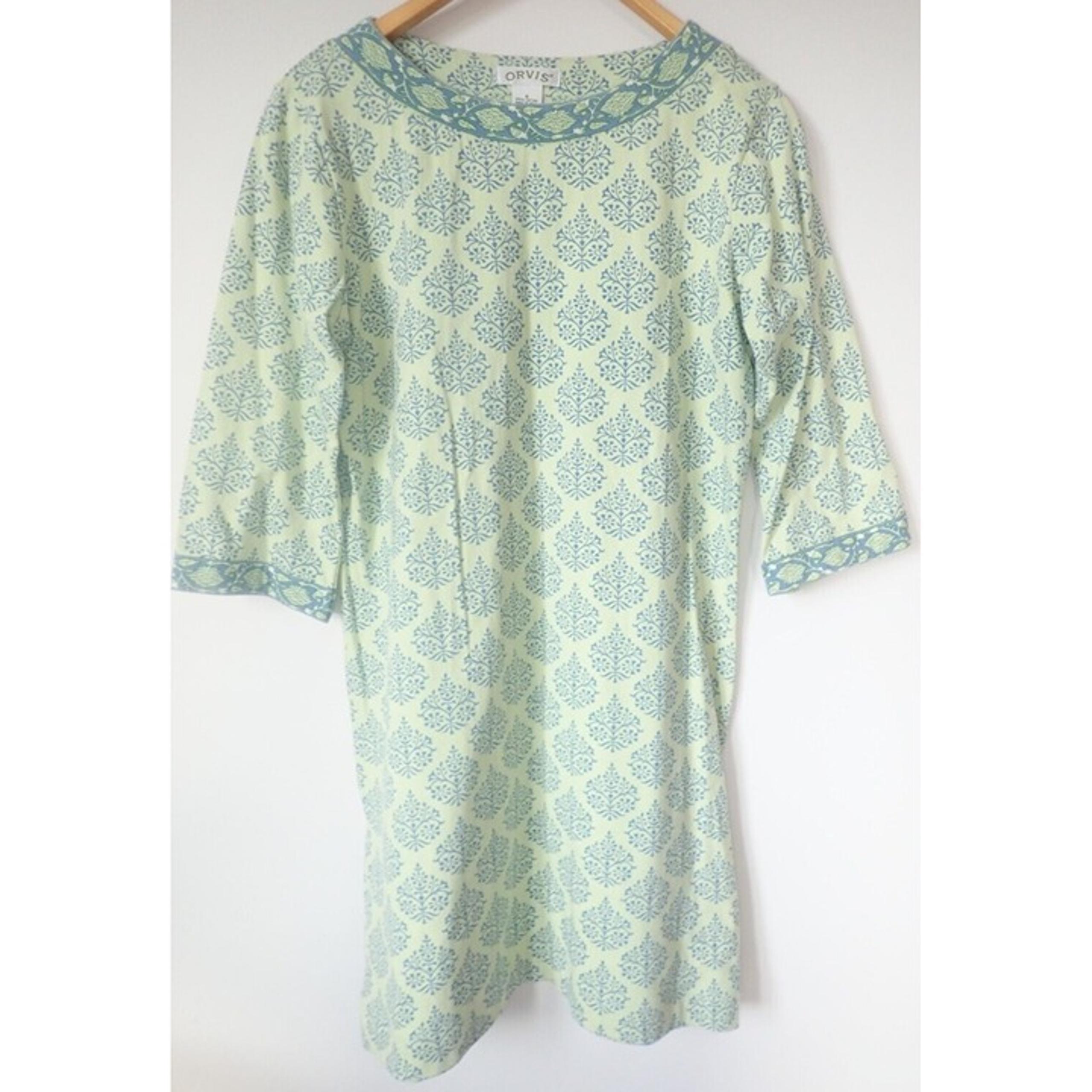 Orvis Dress Women S Cotton Green Boho Casual Pattern Long Sleeve