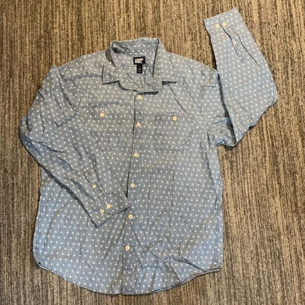 New Lands End Mens Size Large Button Front Shirt Blue Anchor Print Long Sleeve