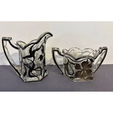 Krystol Creamer & Sugar Glass Overlay Trophy Handle Scallop Vintage Rare Design