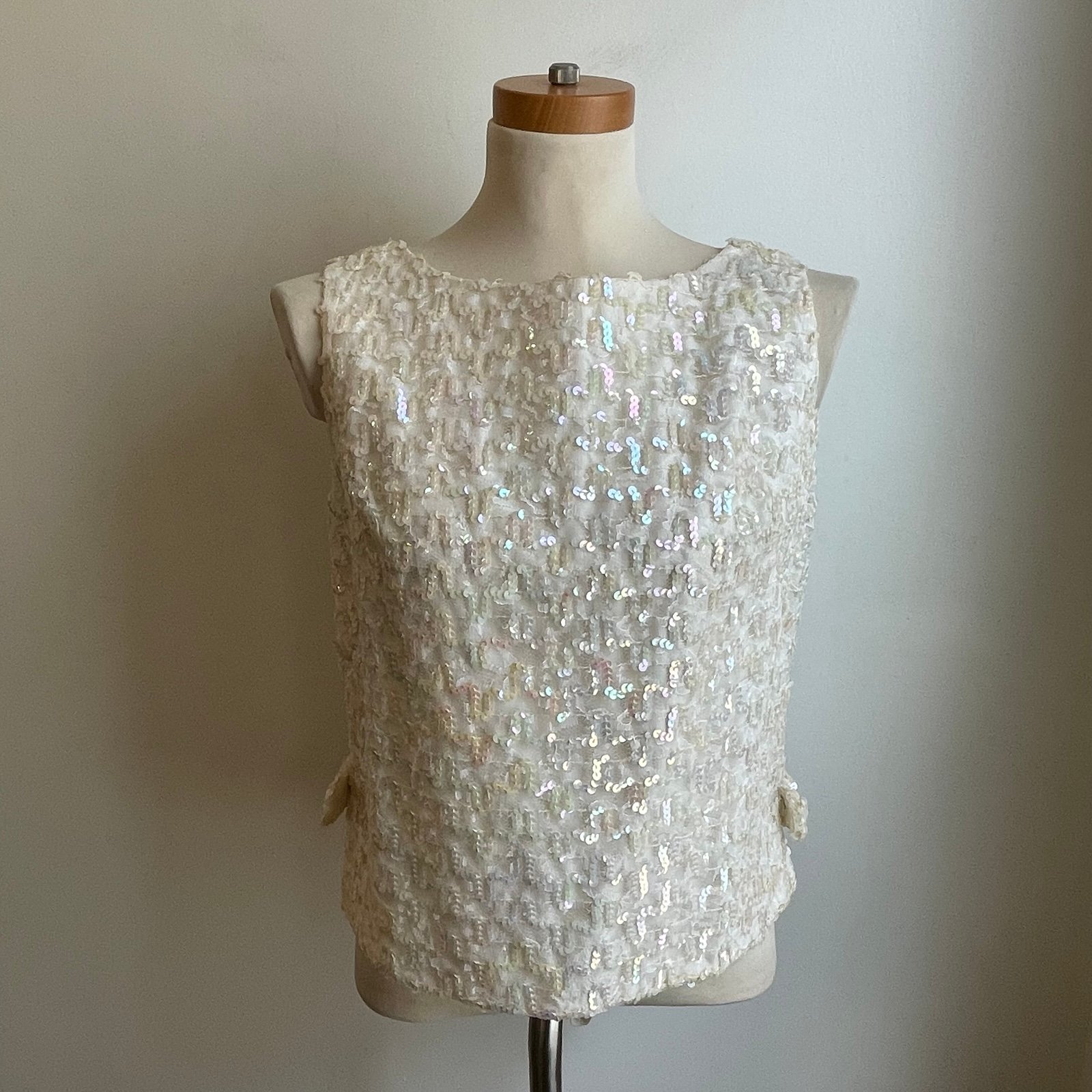 Vintage 1960s White Iridescent Sequin on Lace Sleeveless Top w Bows ILGWU Small
