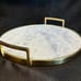 Contemporary 13.75 Round White Marble With Brass Handles Drinks Serving Tray