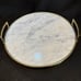 Contemporary 13.75 Round White Marble With Brass Handles Drinks Serving Tray