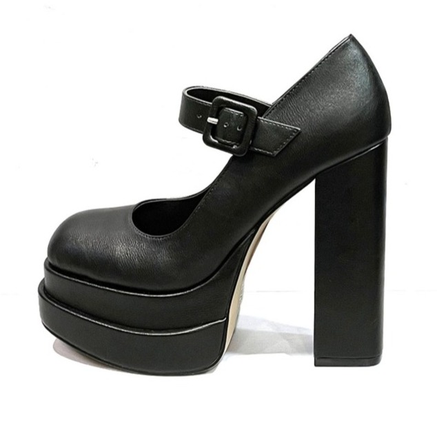 New Black Double Platform Mary Jane Platform Chunky Heel Pumps Size 9