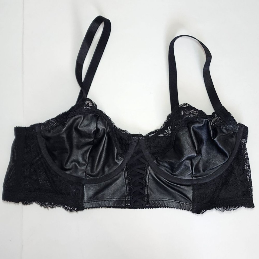 Torrid Black Faux Leather & Lace Lattice Unlined Longline Underwire Bralette/00
