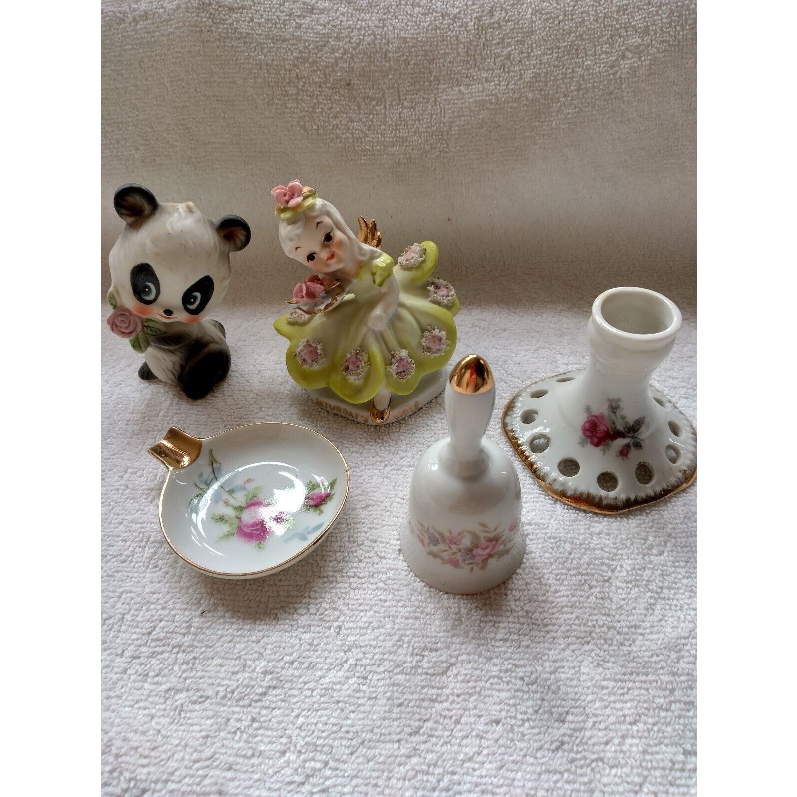 Lefton China Japan/USA five pieces, Saturday's Child, bell, candle holder, A/T