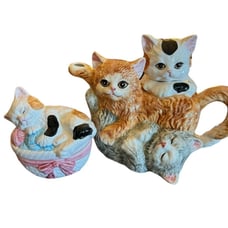 Vintage Albert Kessler & Co. Ceramic Playful Kitty Teapot & Creamer / Sugar Set