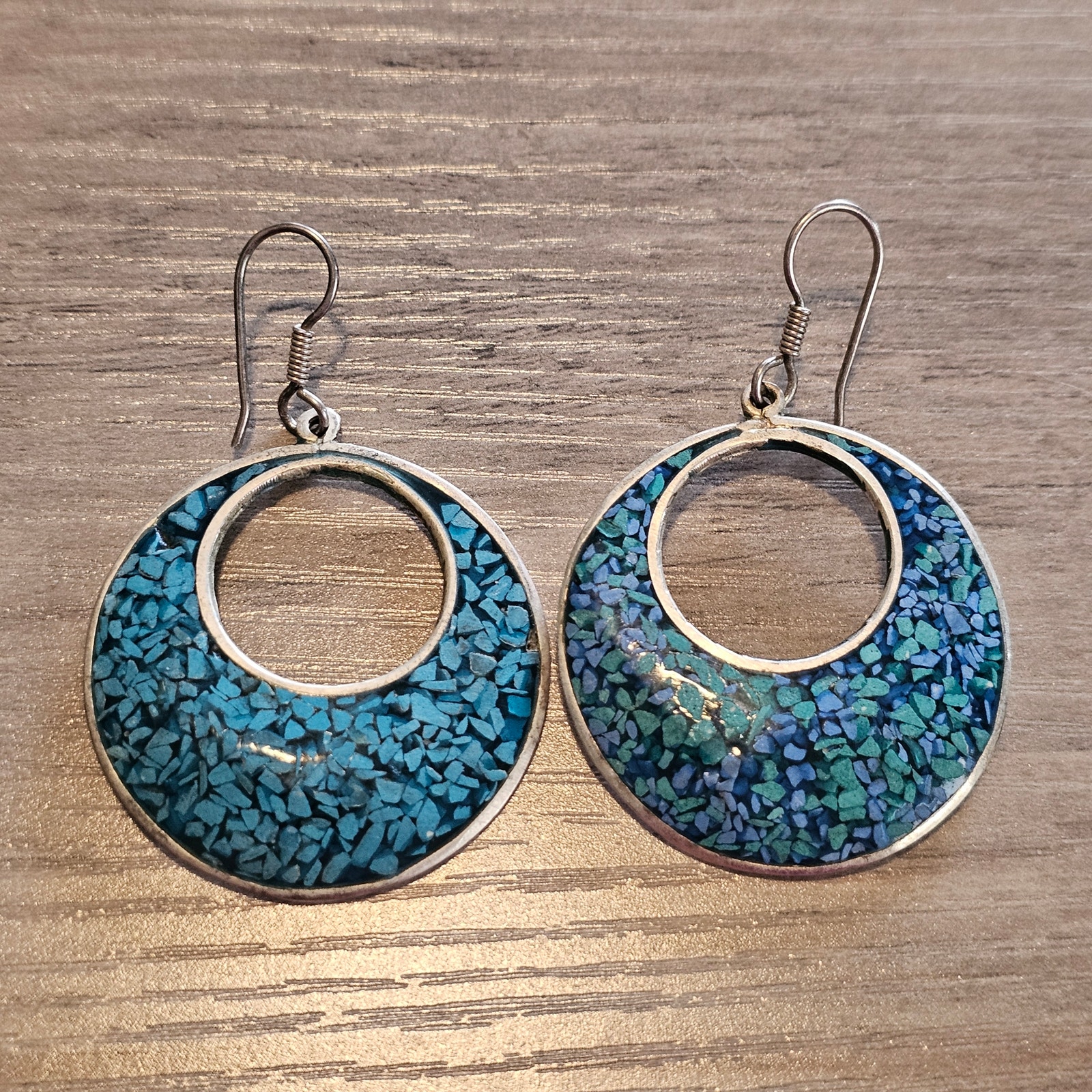 Vintage Alpaca Silver & Crushed Turquoise Dangle Hoop Earrings