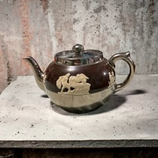 Rare Gibson Brown And Silver Tea Pot With Lid High Raised Greek-Roman Cherubs