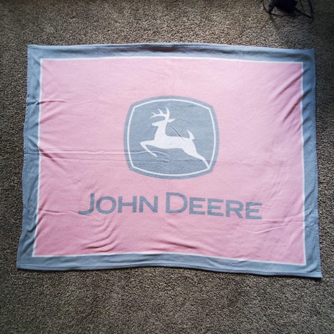 Girls' John Deere Pink Gray Fleece Throw Blanket USA 47” X 63” Big Deer Logo