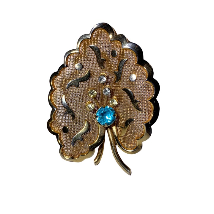 Vintage Gold Tone Mesh Light Blue Clear Rhinestones Leaf Brooch