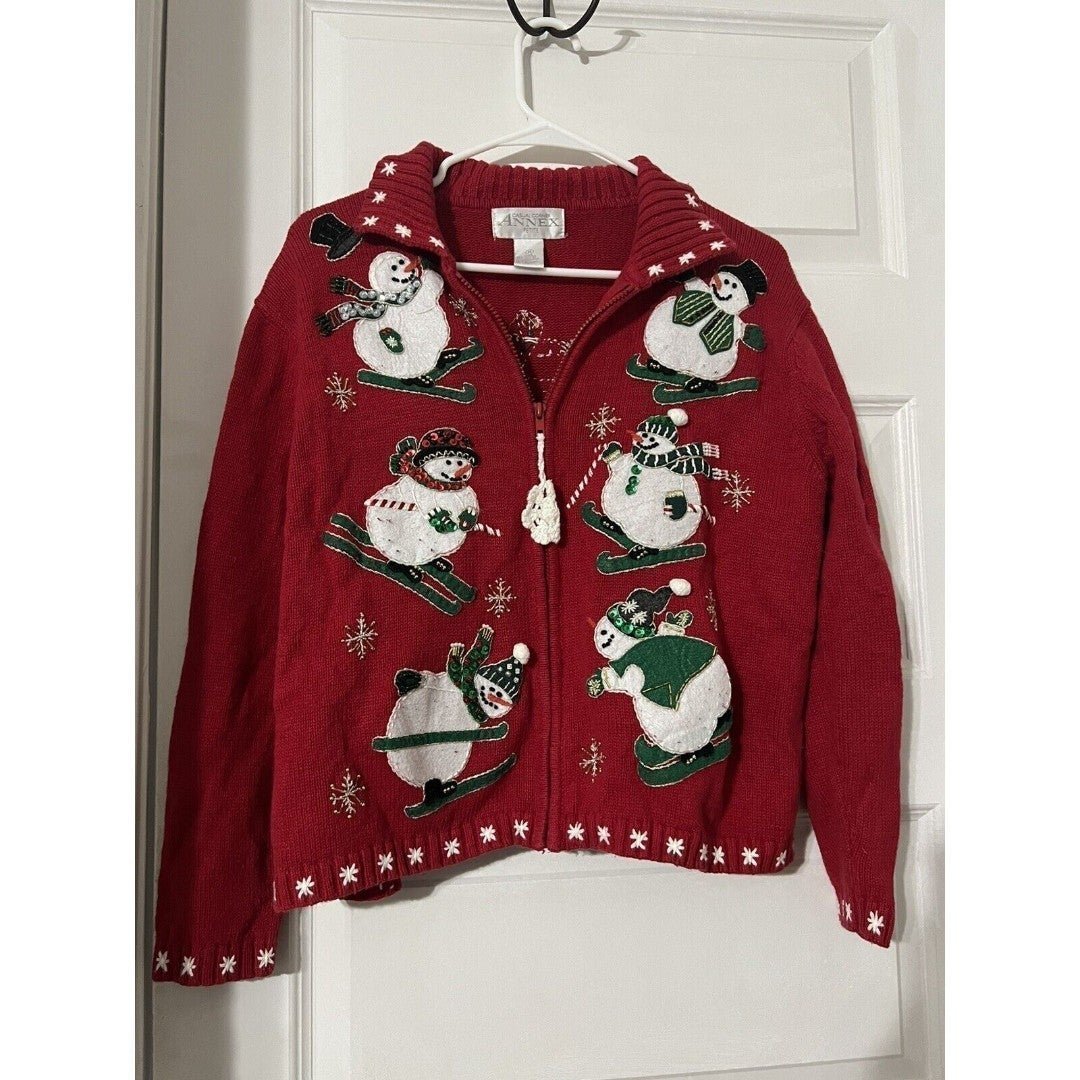 Casual Corner Annex Womens PM Snowman Christmas Sweater Cardigan Zip Red ugly