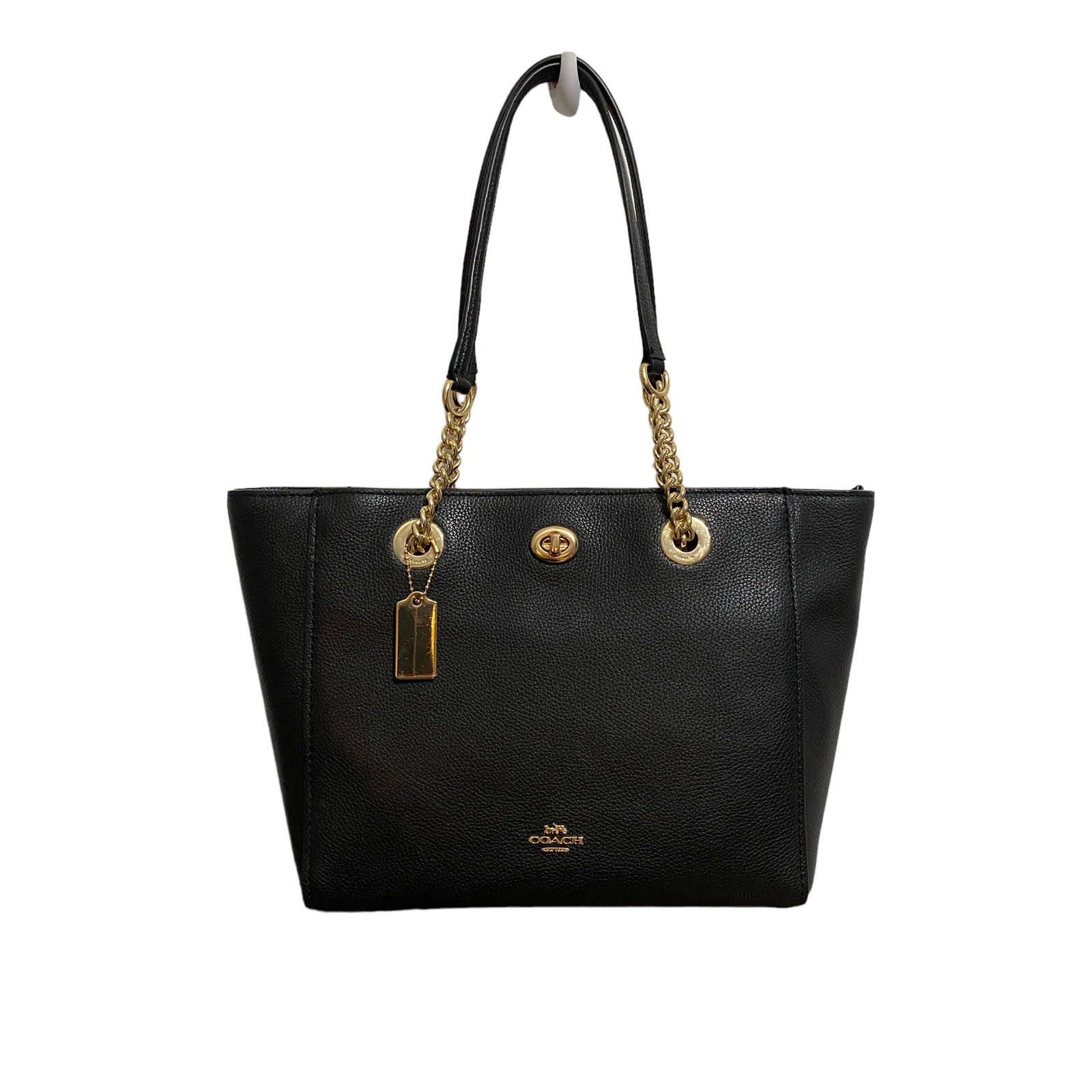 Coach Pebbled Turnlock Chain Tote 27 Black Shoulder Handbag With Tech Wallet M
