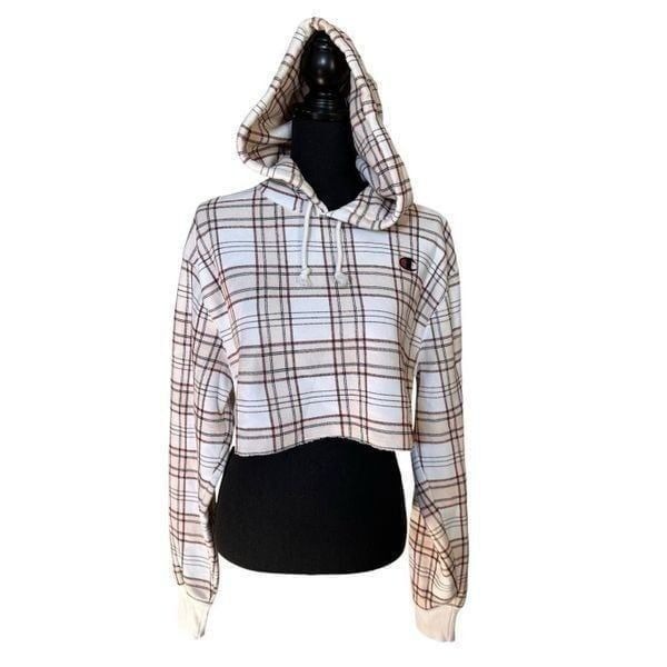 NWOT Champion Cream Plaid Cropped Sweatshirt Sz Small