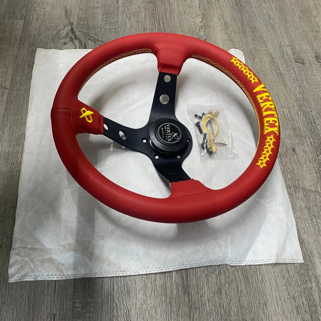 Red 330mm Yellow Embroidery Vertex Genuine Leather Drift Steering Wheels