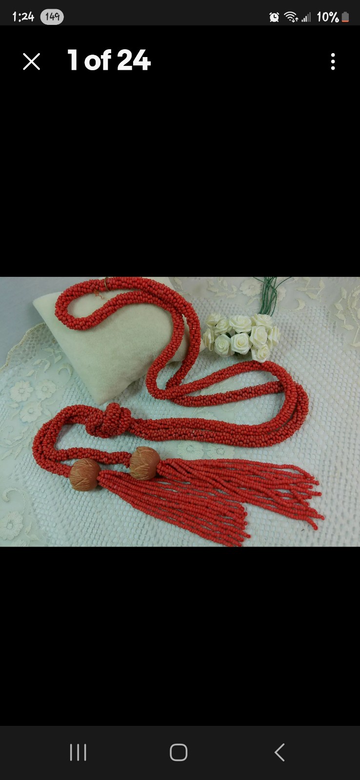Antique Flapper Salmon Coral Glass Seed Bead Carved Flower Wood Tassel Necklace