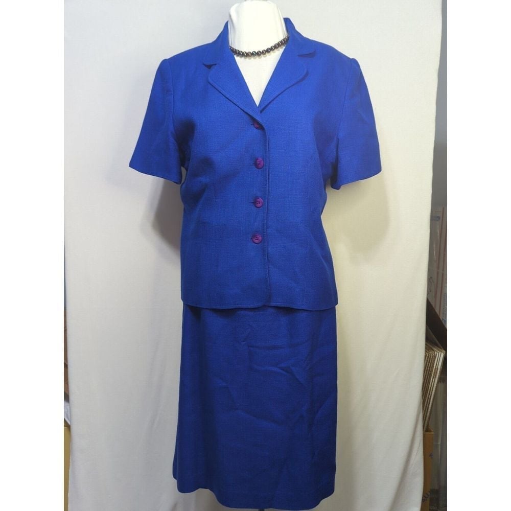 Cross Country Vintage Ladies Royal Blue 2 Piece Skirt Suit Size 12 Shoulder Pads